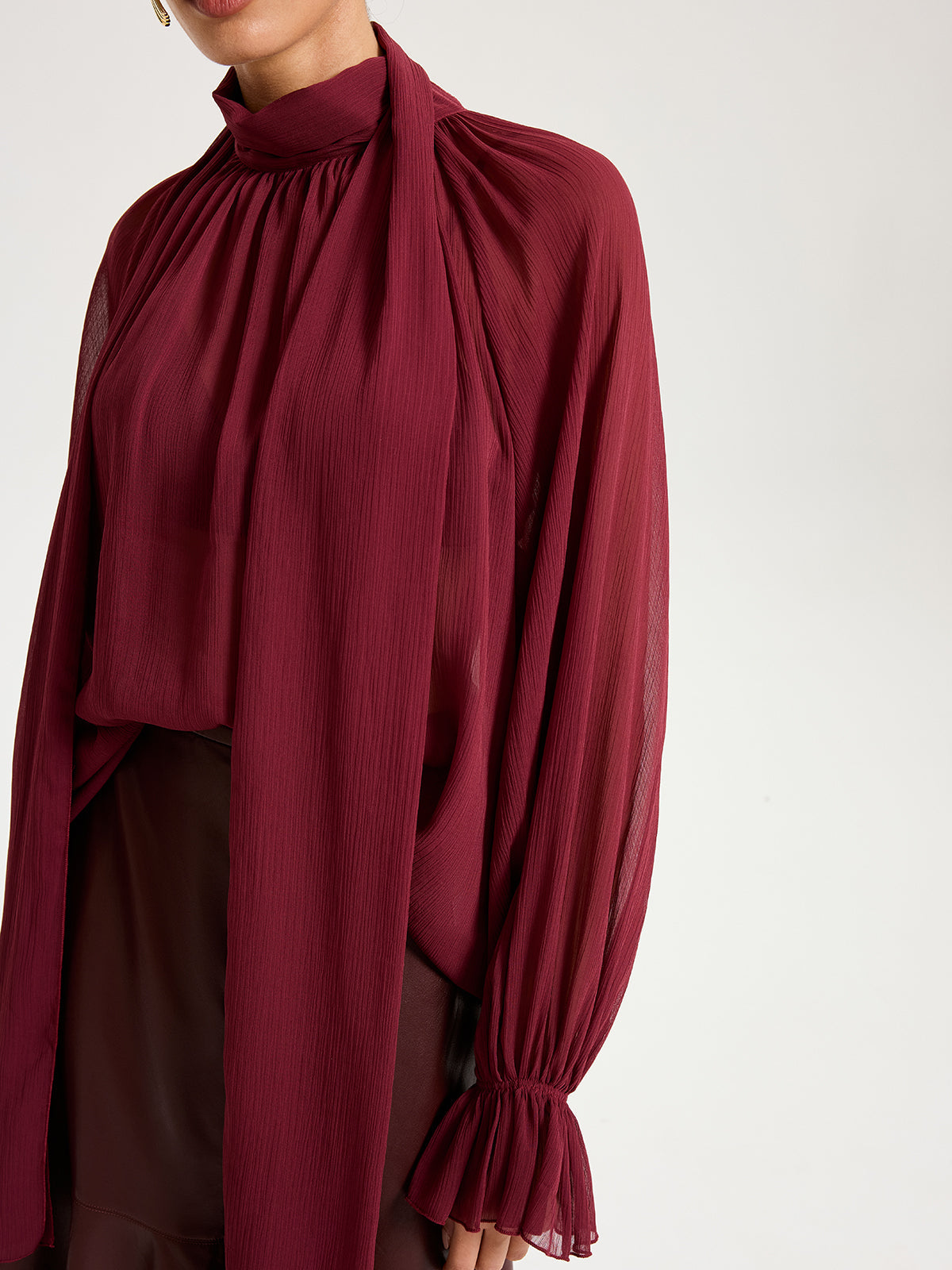 Scarf Neck Semi-Sheer Chiffon Blouse