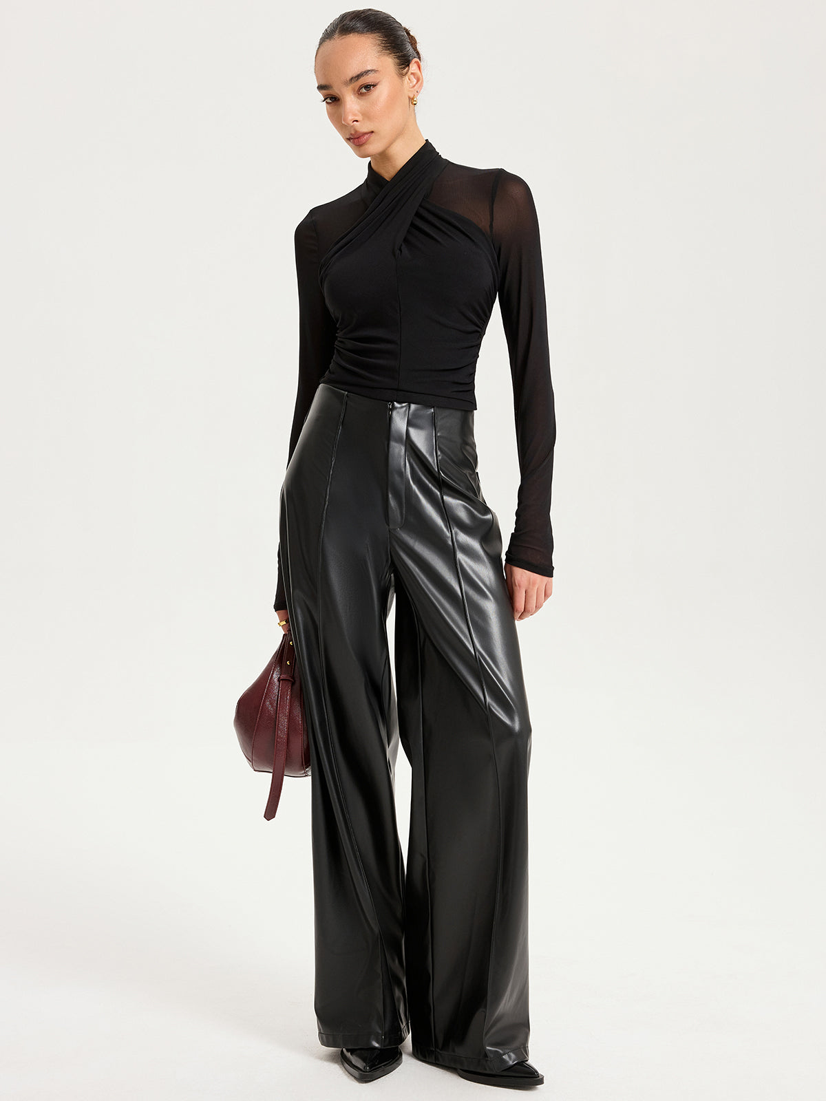 Cross-Front Sheer Mesh Long-Sleeve Top