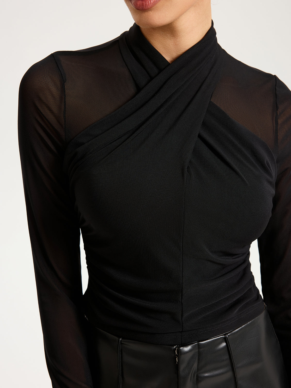 Cross-Front Sheer Mesh Long-Sleeve Top