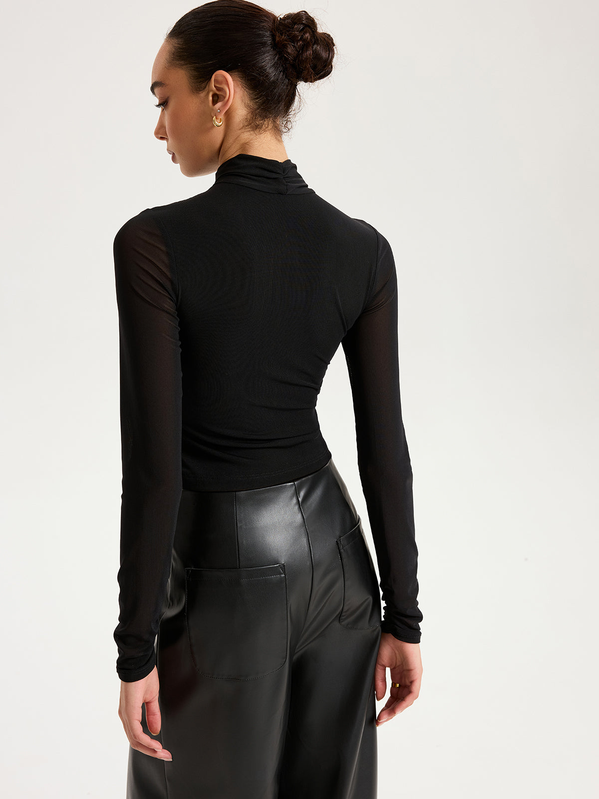 Cross-Front Sheer Mesh Long-Sleeve Top