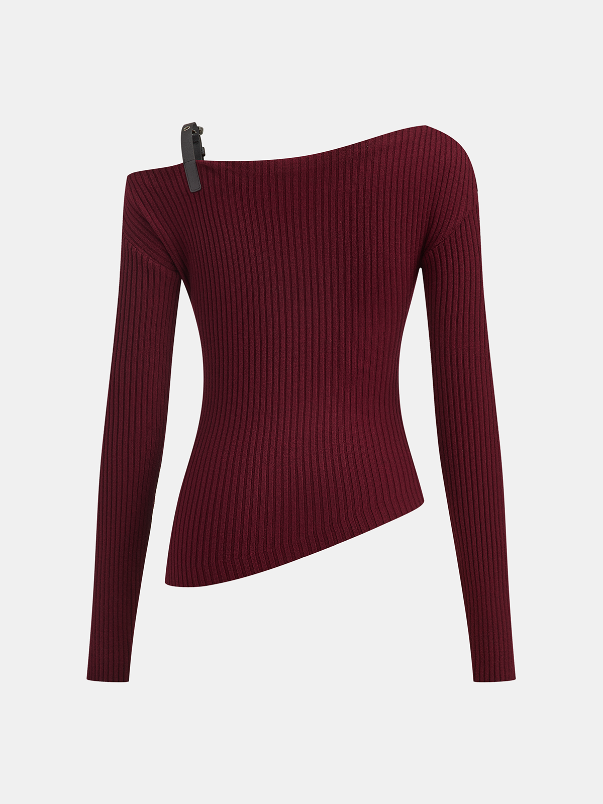 Belt Strap Detail Asymmetric Rib-Knit Top