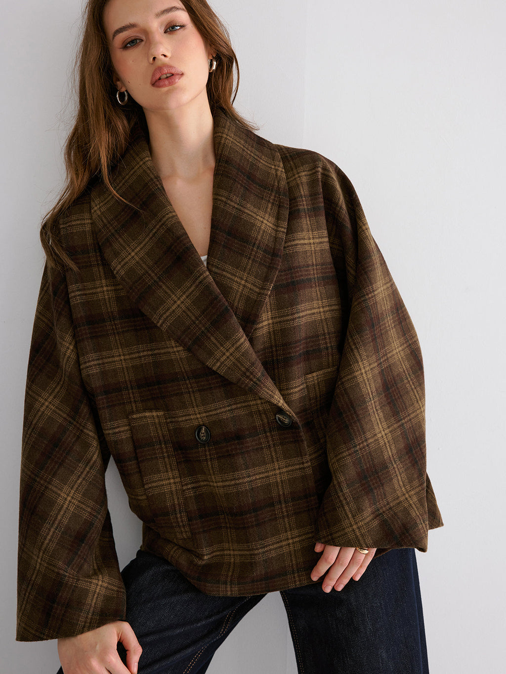 Wool-blend Gingham Loose Coat
