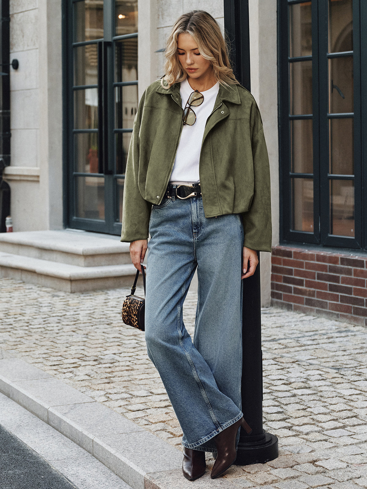 Suede Effect Zip-Up Collared Jacket