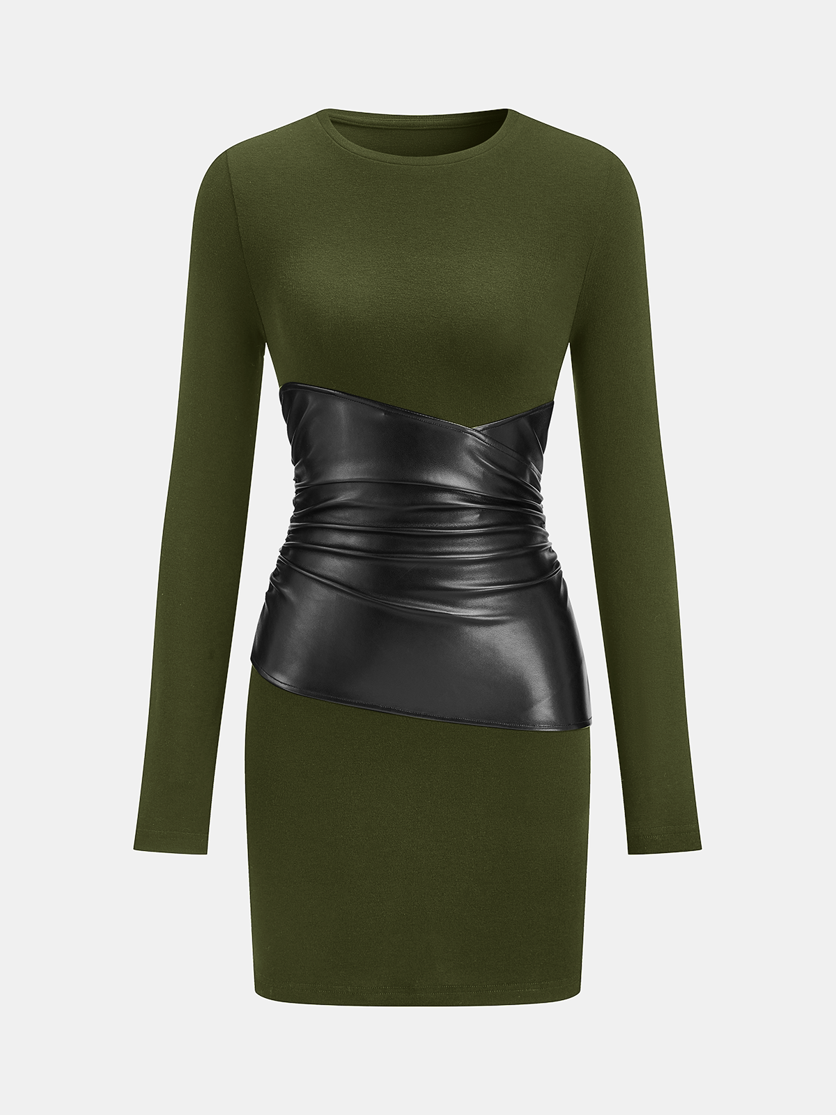 PU Leather Panel Long Sleeve Knit Dress