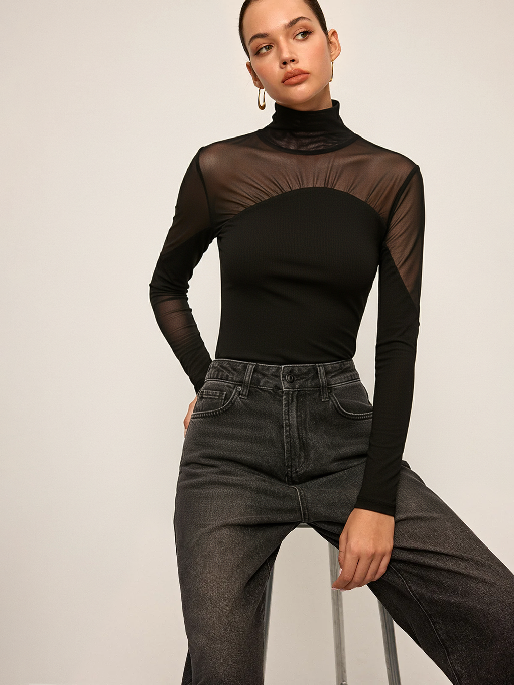 Durchsichtiges Mesh-Rollkragentop