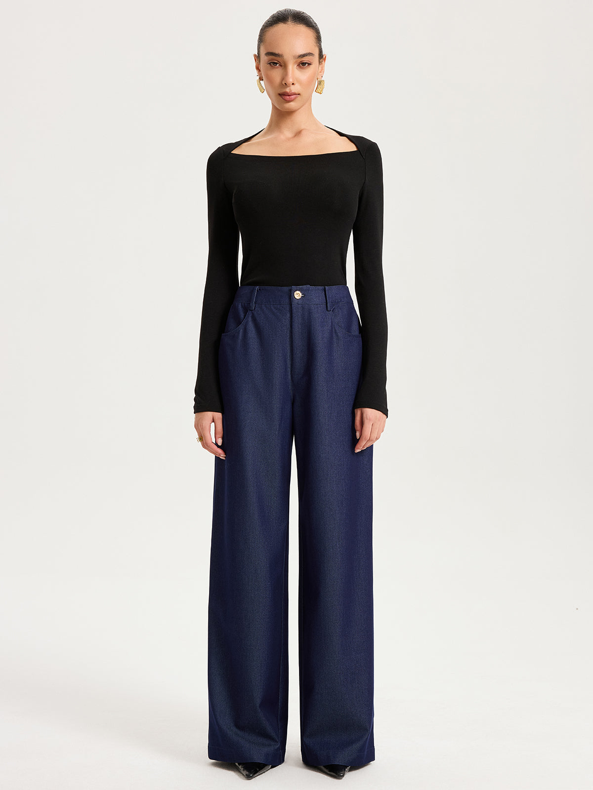 Pantalon large taille haute en faux denim