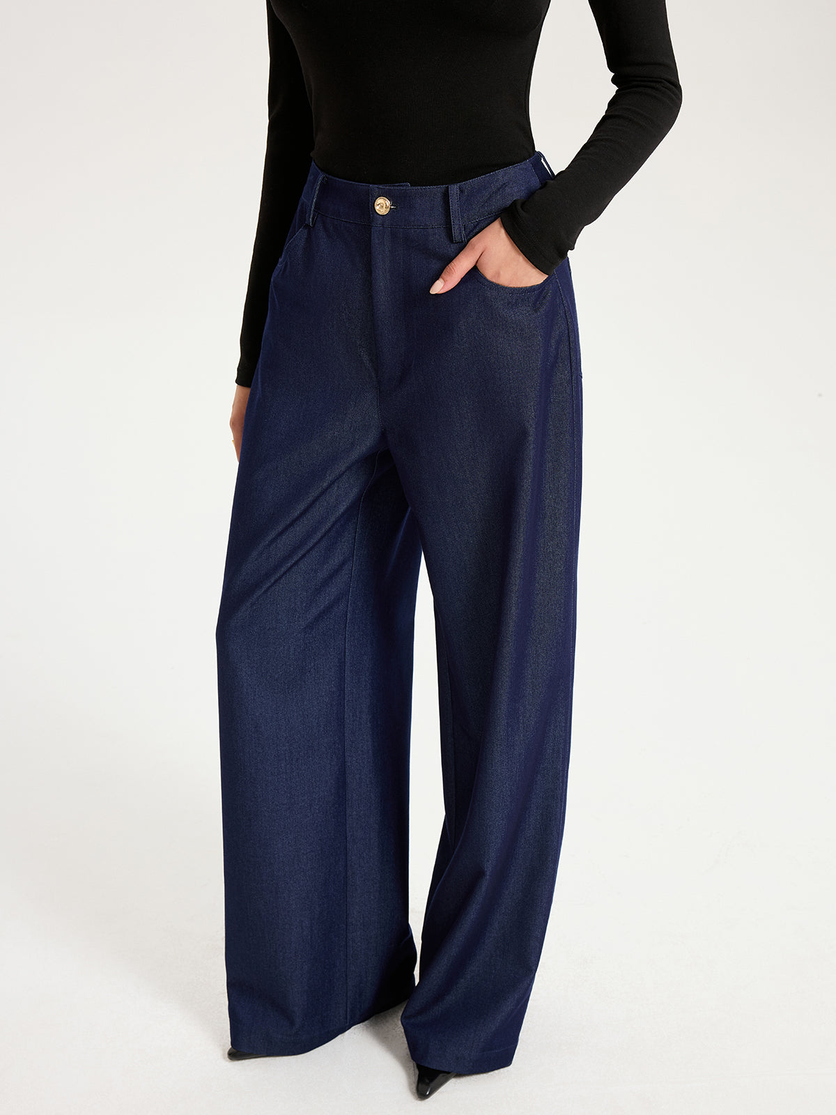 Pantalon large taille haute en faux denim