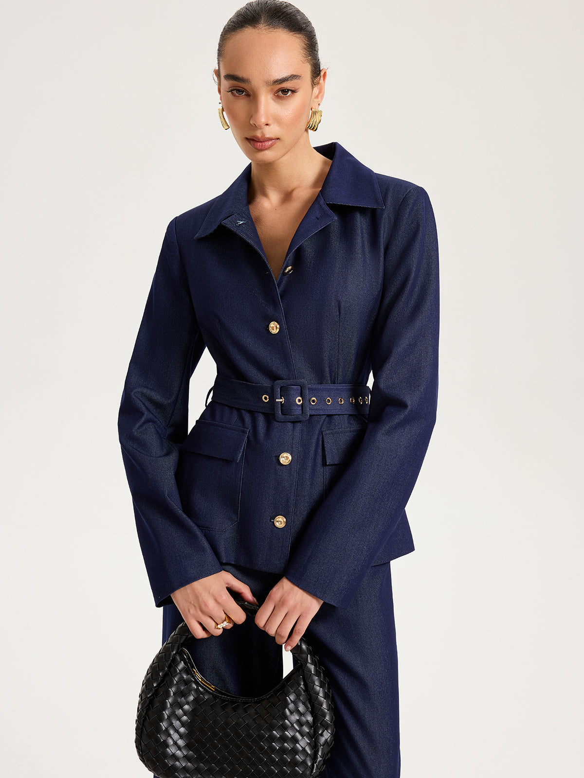 Belted Metal Button Faux Denim Blazer