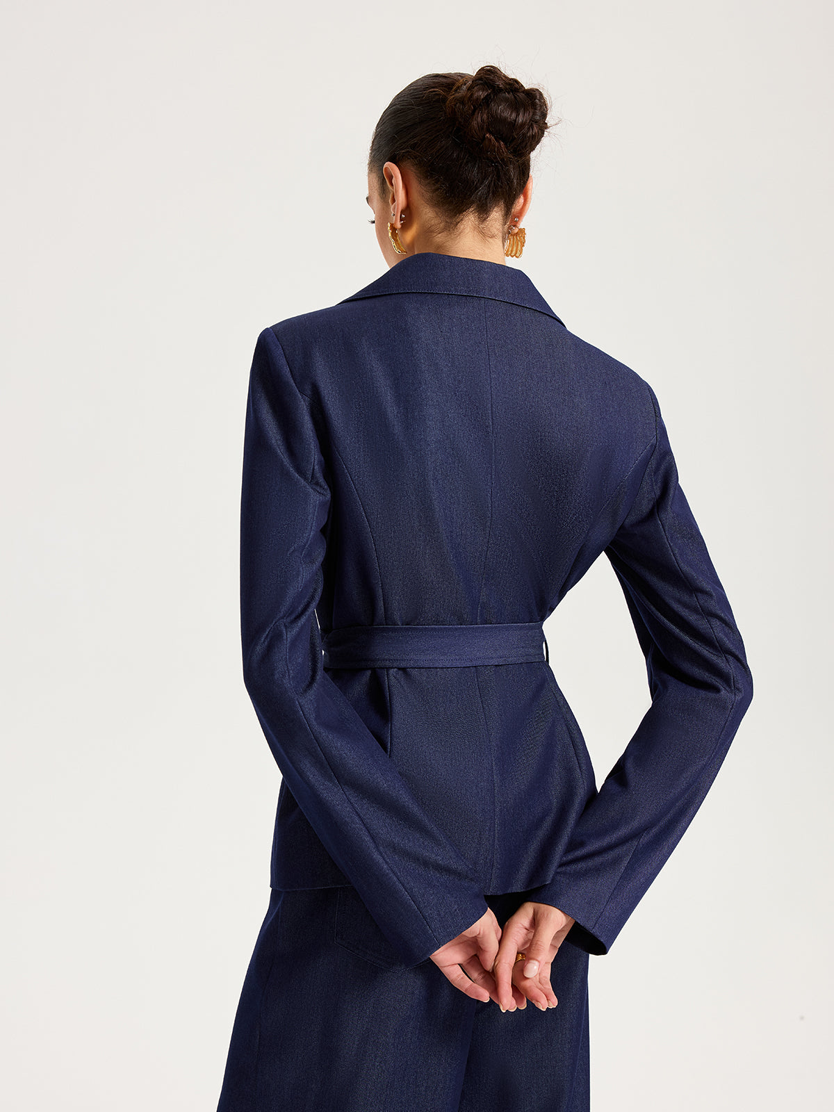 Belted Metal Button Faux Denim Blazer