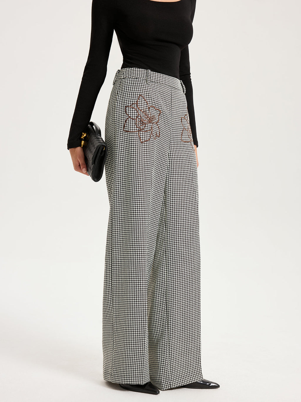 Hahnentritt-Hose mit geradem Bein und Stickerei