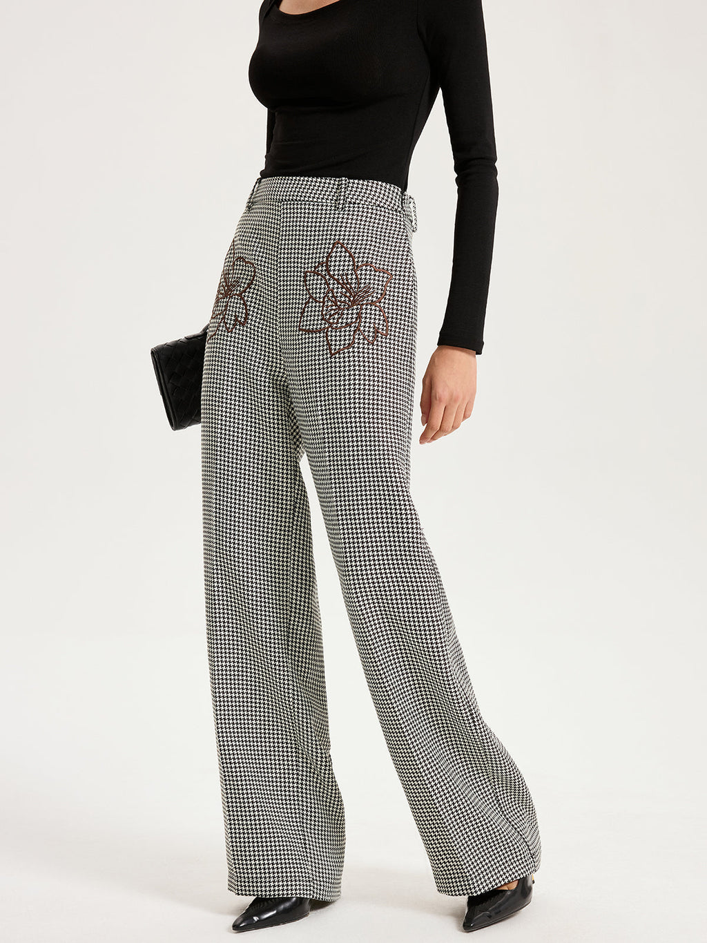 Hahnentritt-Hose mit geradem Bein und Stickerei