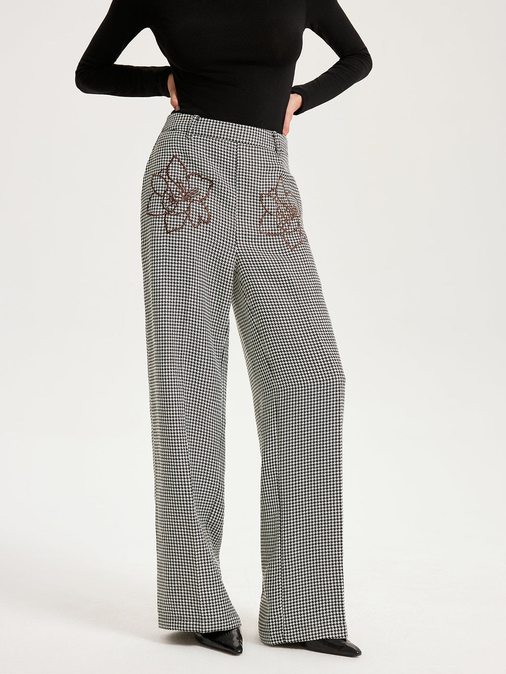 Hahnentritt-Hose mit geradem Bein und Stickerei