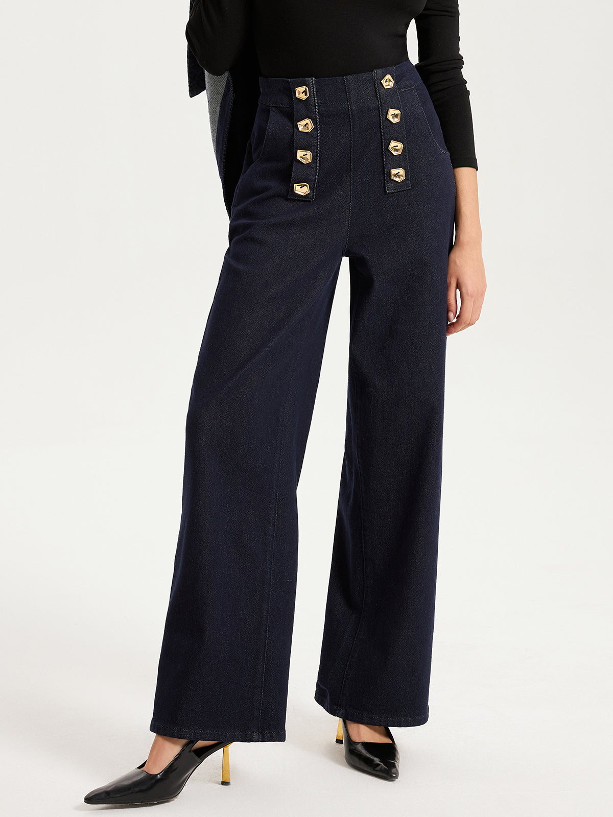 Metal Detail Denim Wide-Leg Jeans