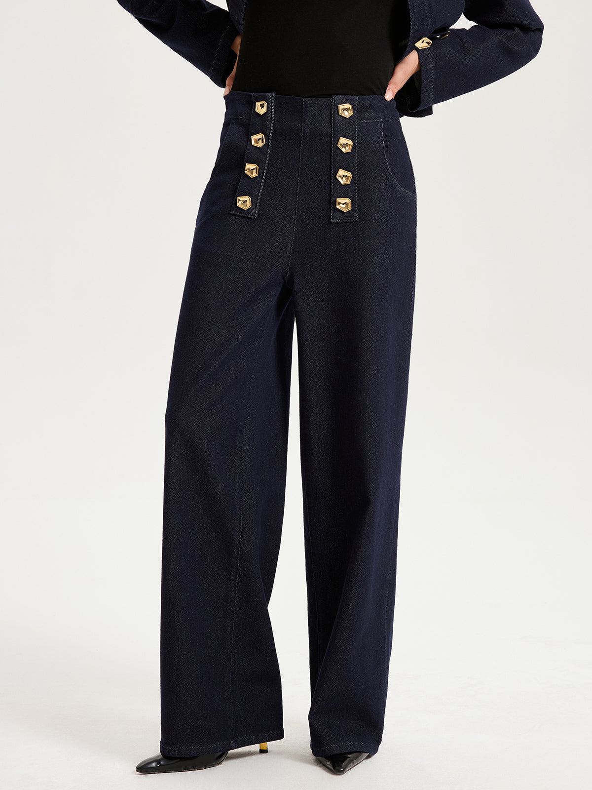 Metal Detail Denim Wide-Leg Jeans