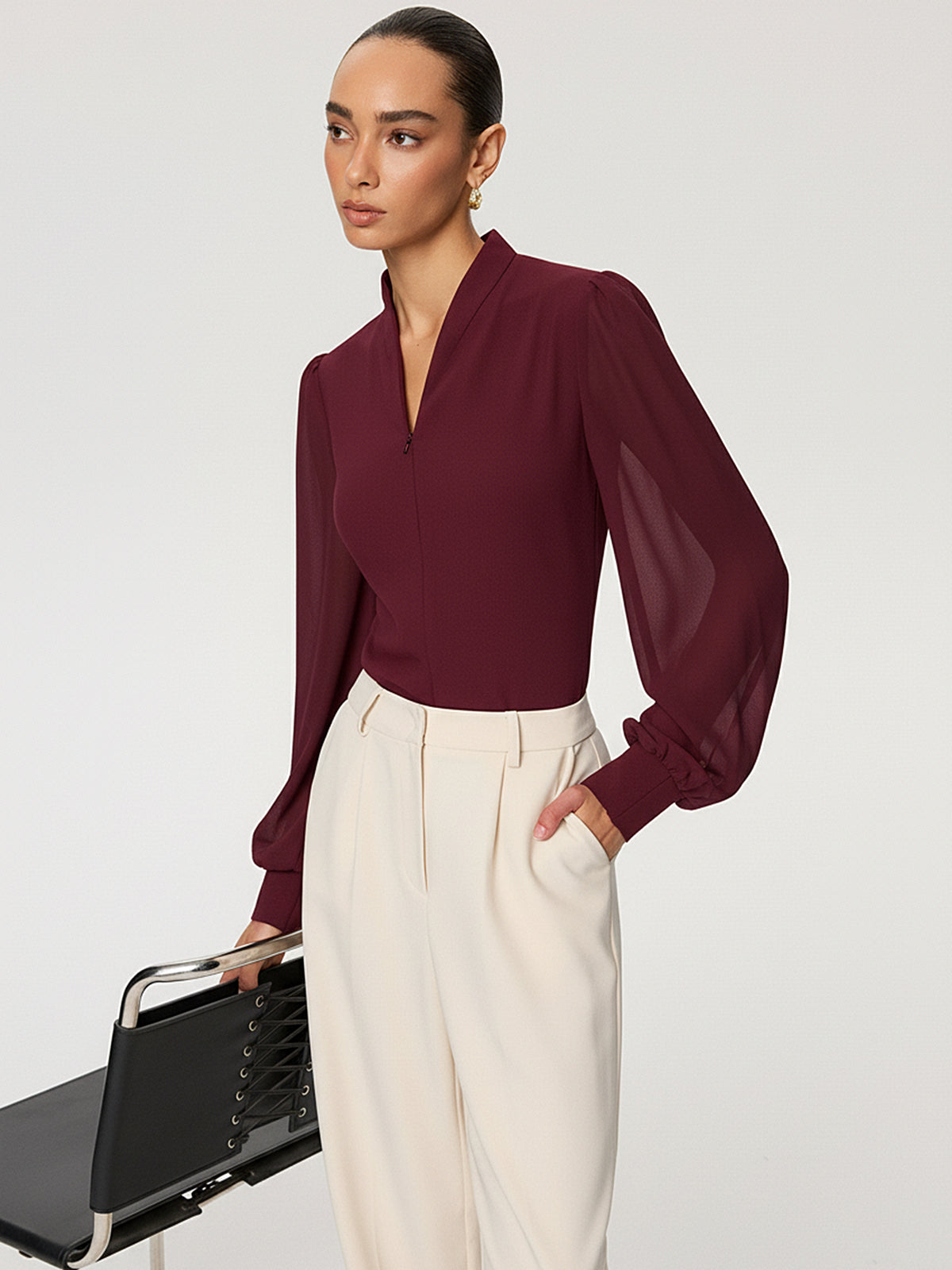 Zip Detail Chiffon Sleeves Blouse