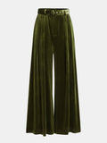 Belted Pleated Velvet Wide-Leg Pants