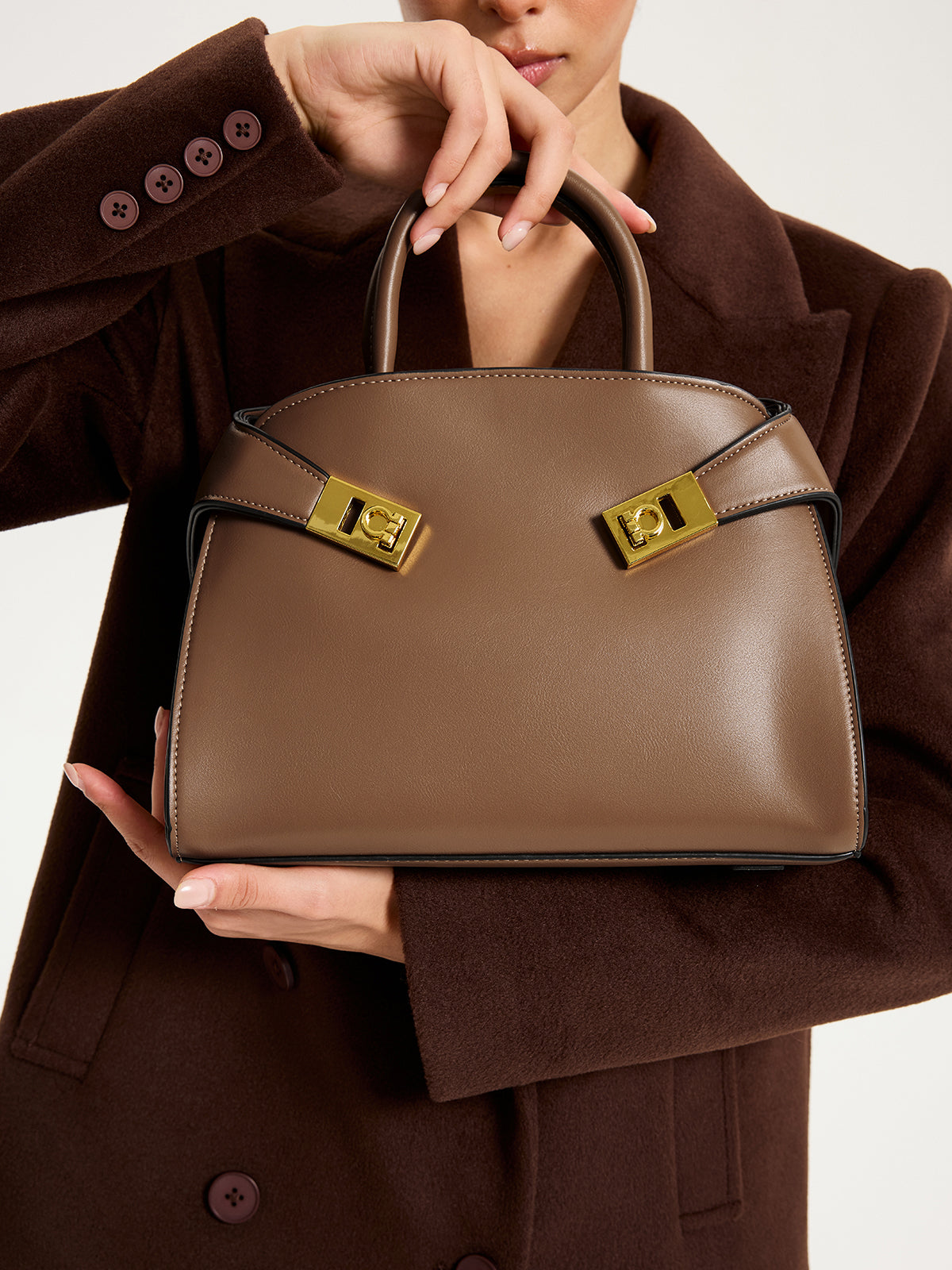 PU Leather Shell Top-Handle Bag