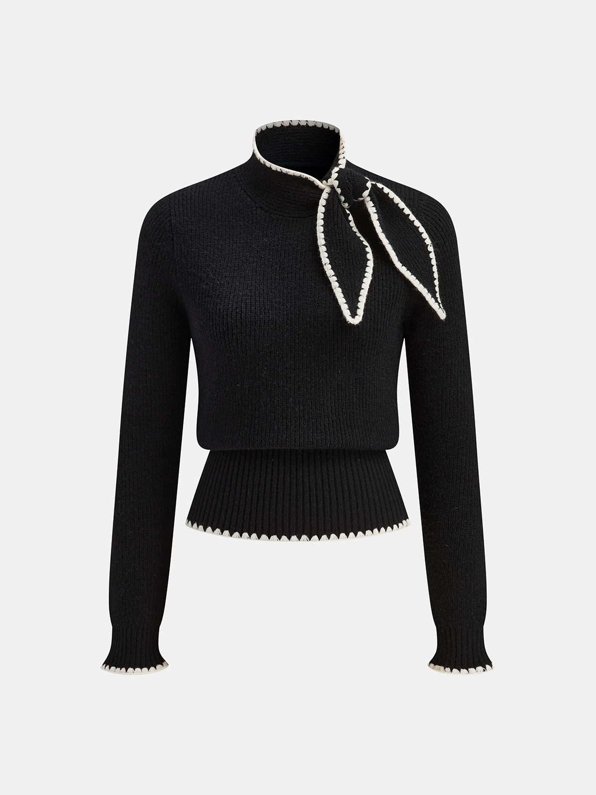 Rollkragenpullover mit Schleifenkrawatte und Kontrastnähten
