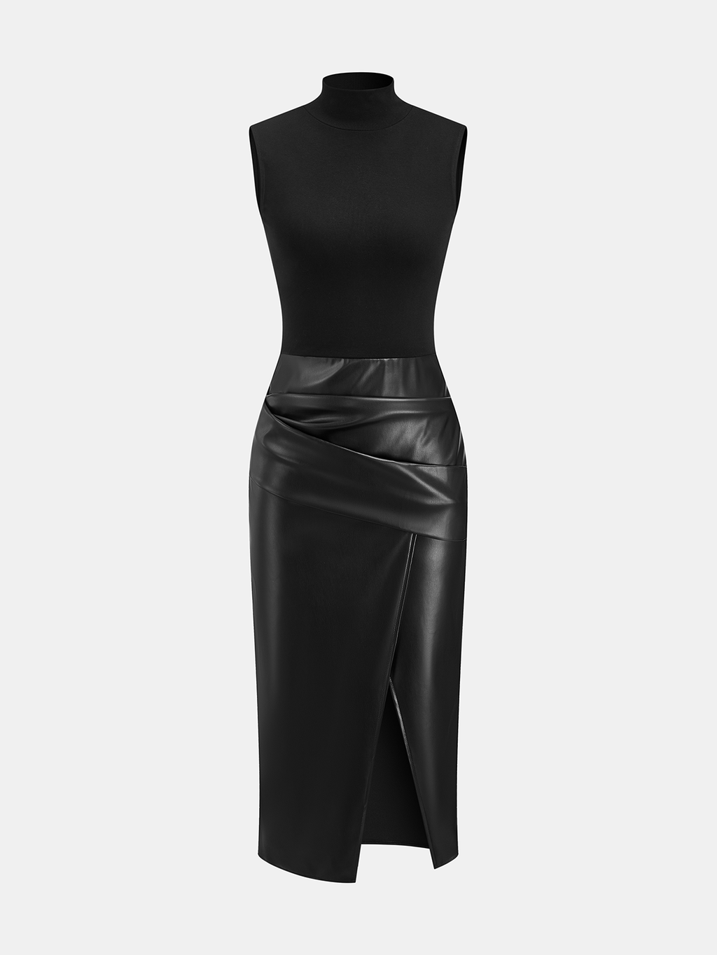Ärmelloses Kleid mit Stehkragen und Kunstleder-Einsätzen