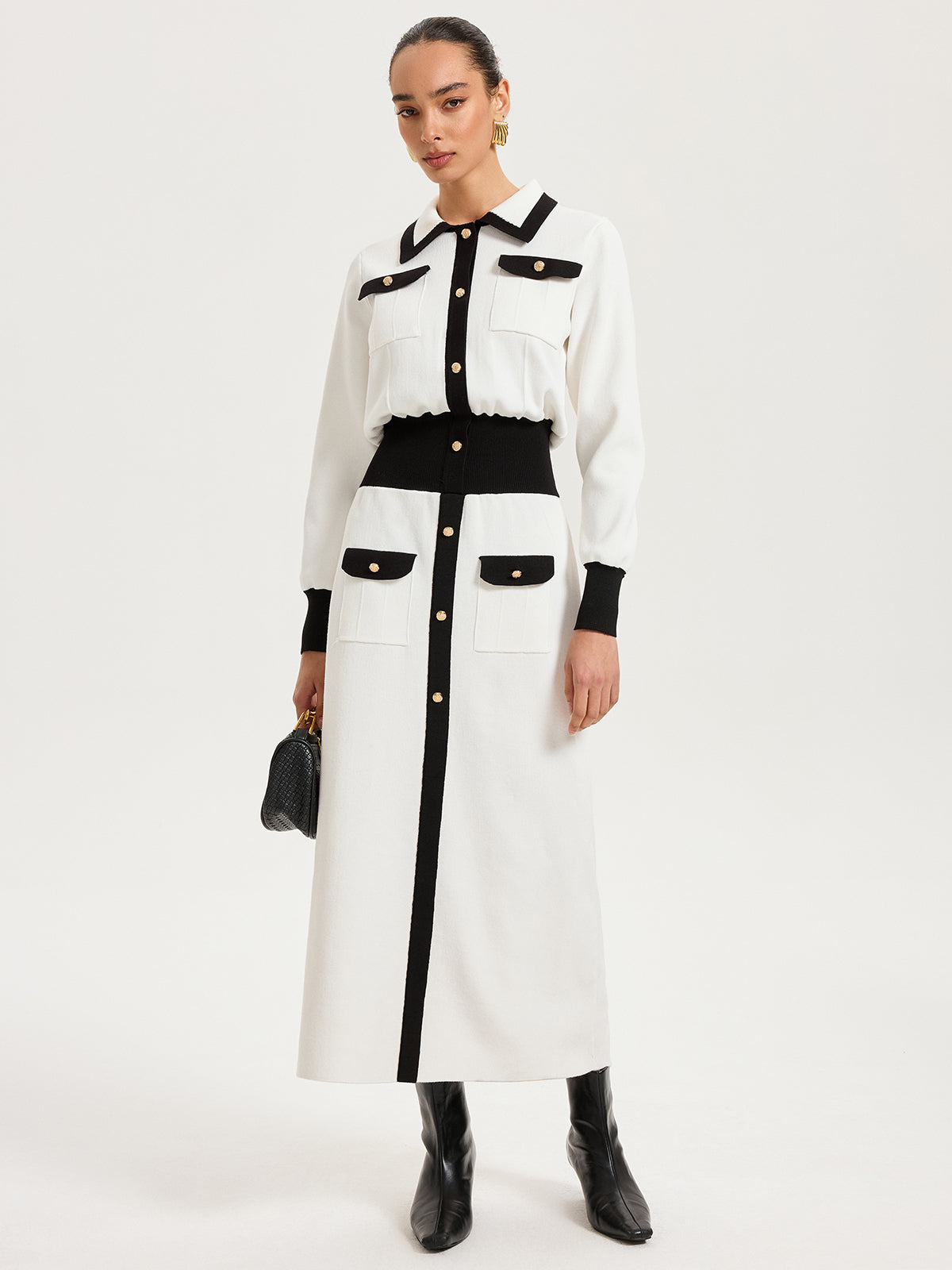 Collared Metal Button Contrast Trim Knit Maxi Dress