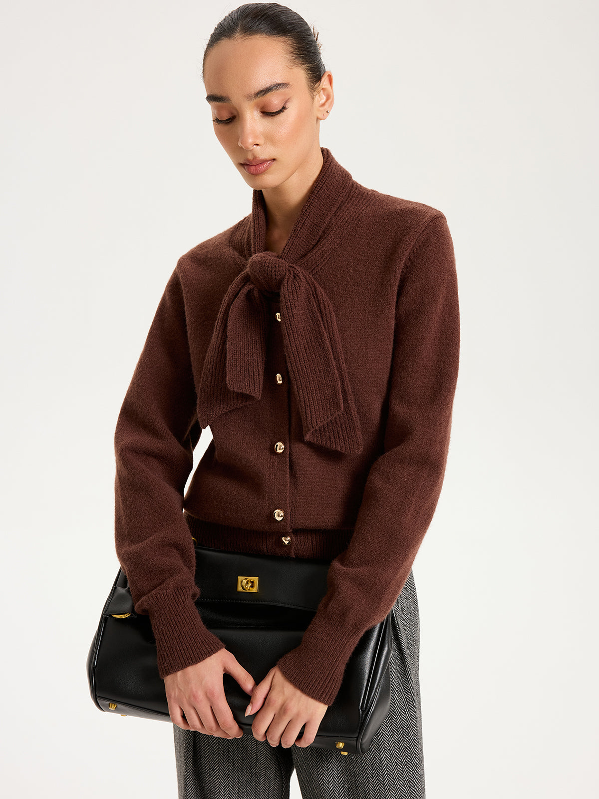 Tie-Neck Metal Button Knit Cardigan