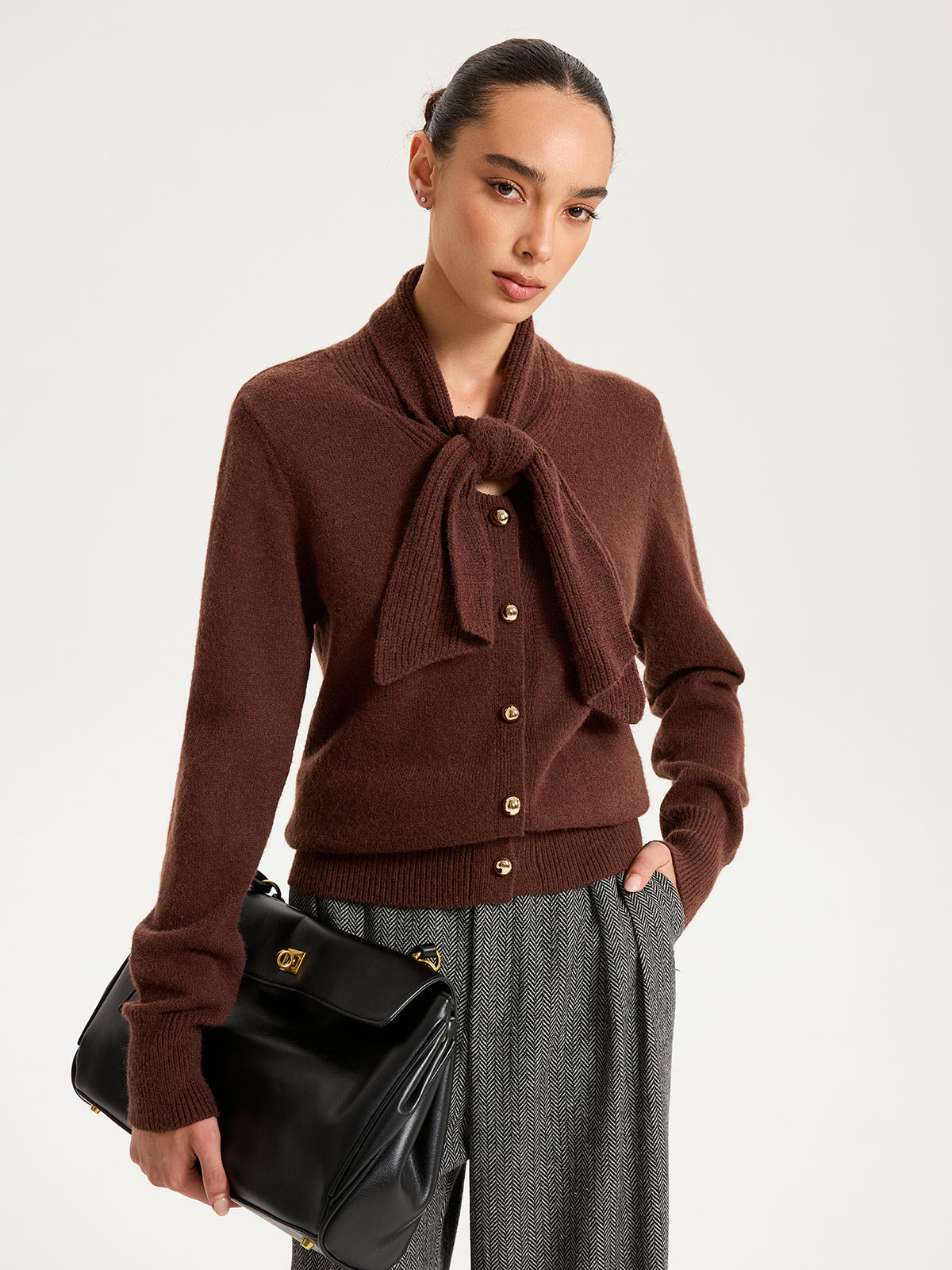 Tie-Neck Metal Button Knit Cardigan