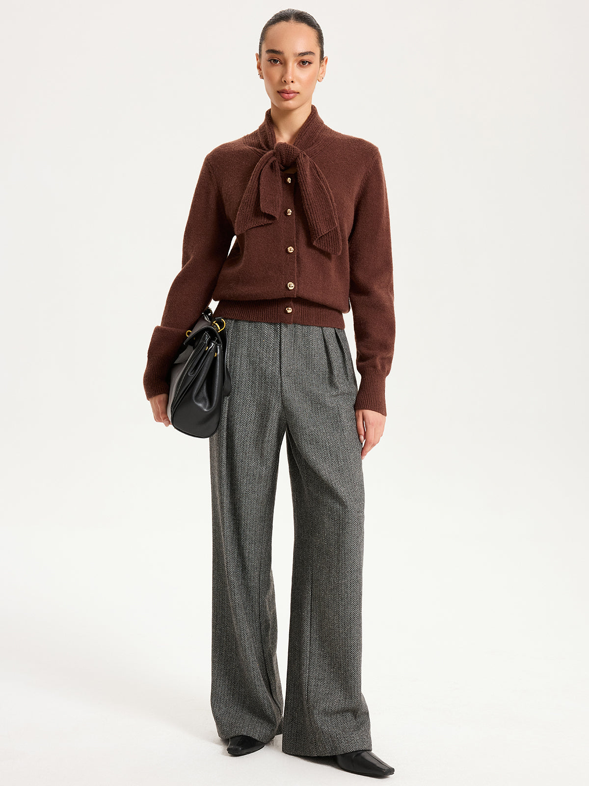 Tie-Neck Metal Button Knit Cardigan