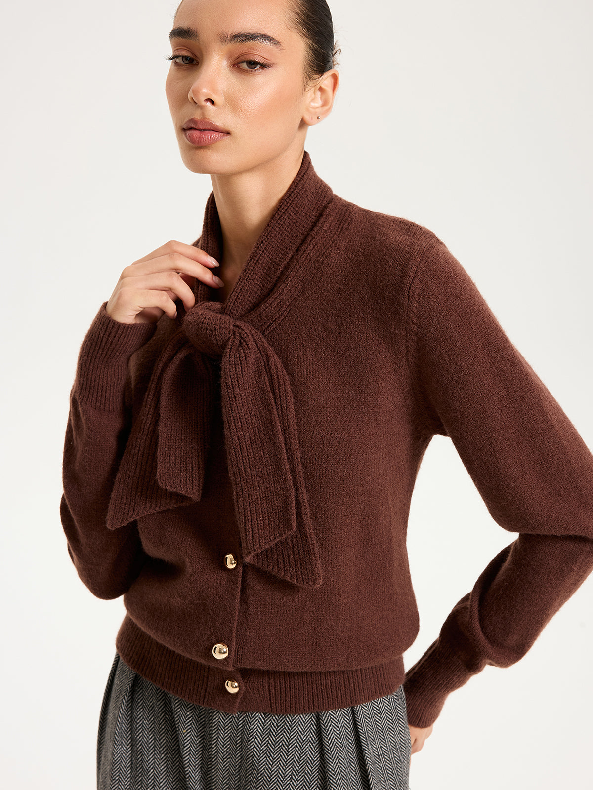 Tie-Neck Metal Button Knit Cardigan