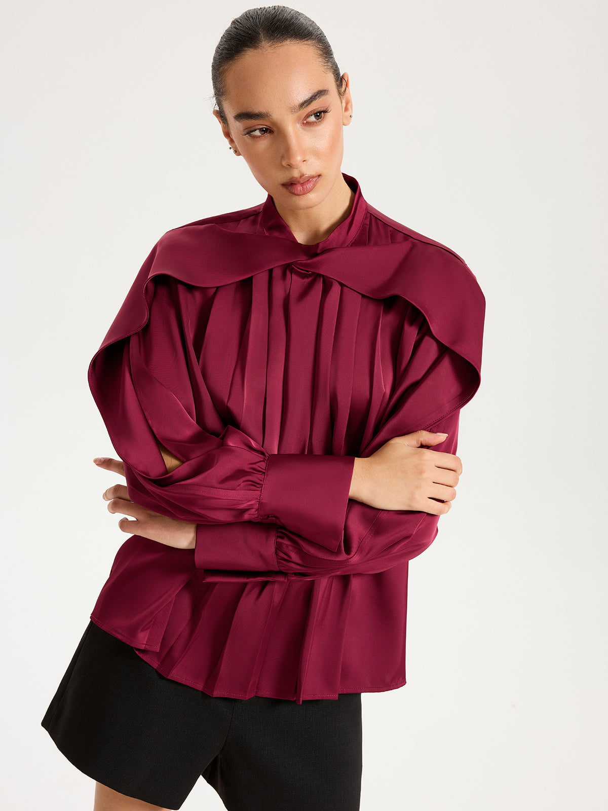 Satin Pleated Blouse with Cut-Out Sleeve