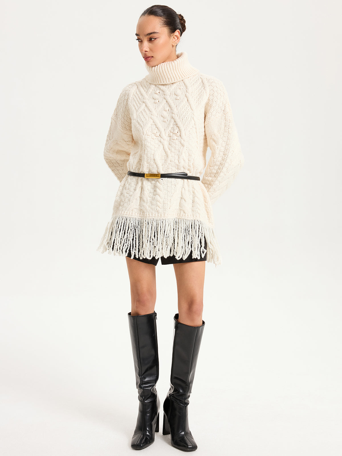 Fringe Hem Cable-Knit Turtleneck Sweater