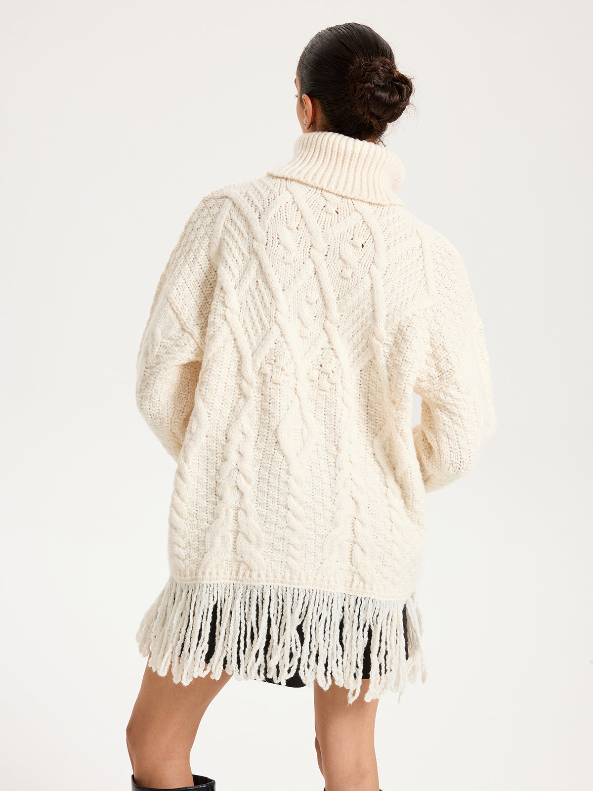 Fringe Hem Cable-Knit Turtleneck Sweater