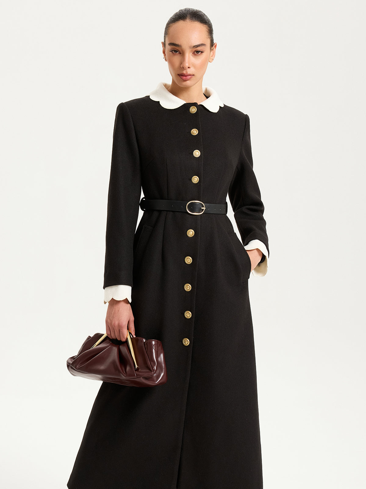 Contrast Collar Metal Button Longline Coat
