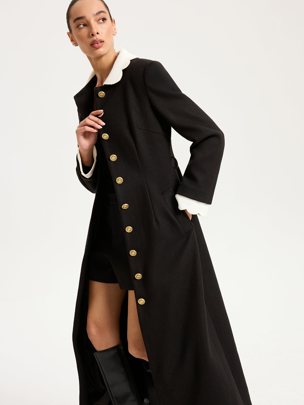 Contrast Collar Metal Button Longline Coat