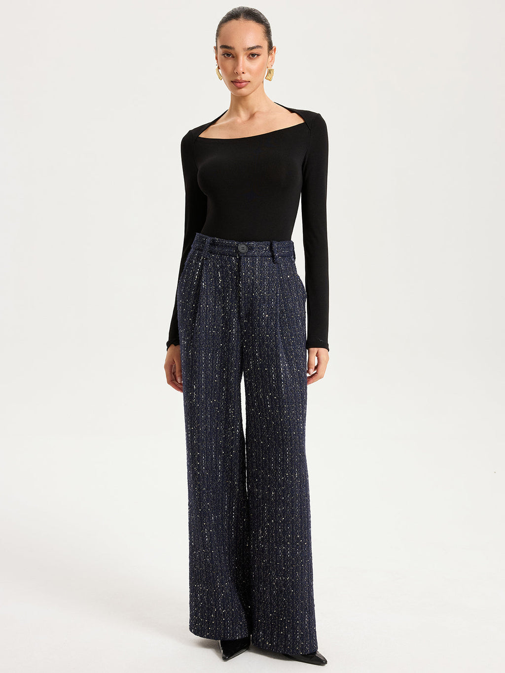 Mid-Waist Tweed Sequin Wide-Leg Pants