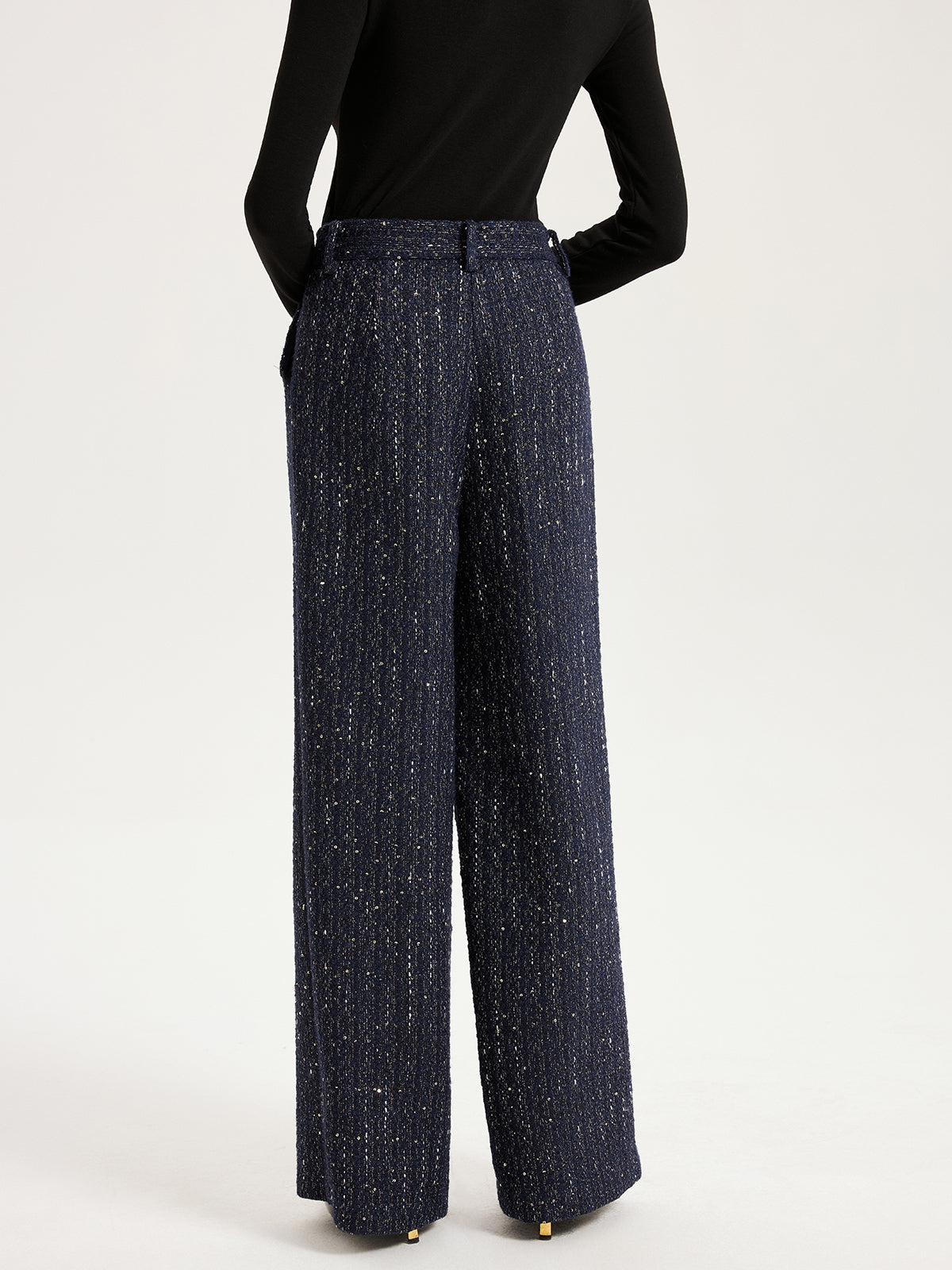 Mid-Waist Tweed Sequin Wide-Leg Pants