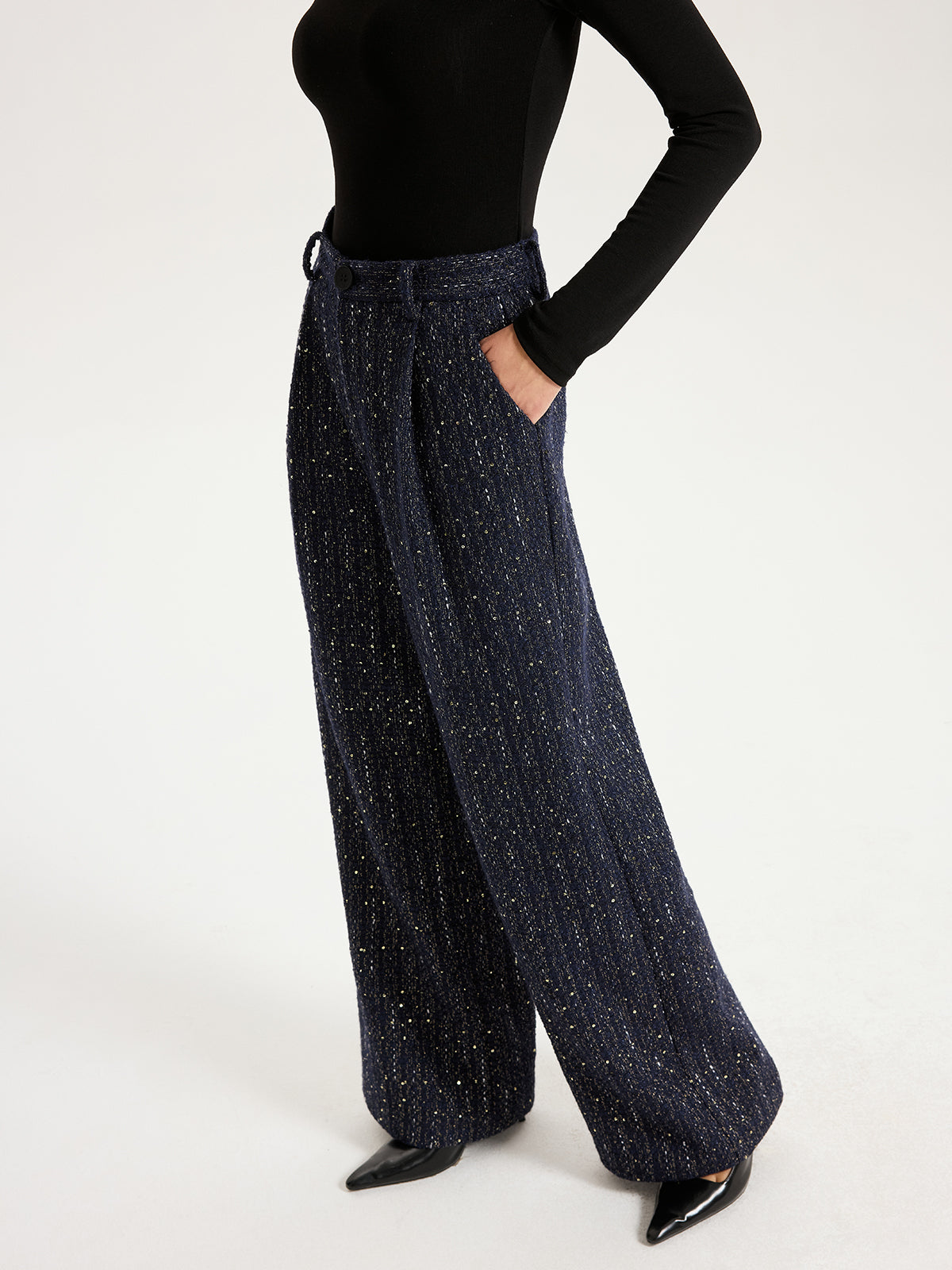 Mid-Waist Tweed Sequin Wide-Leg Pants