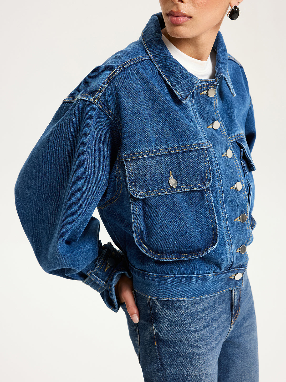 Collared Denim Cropped Jacket