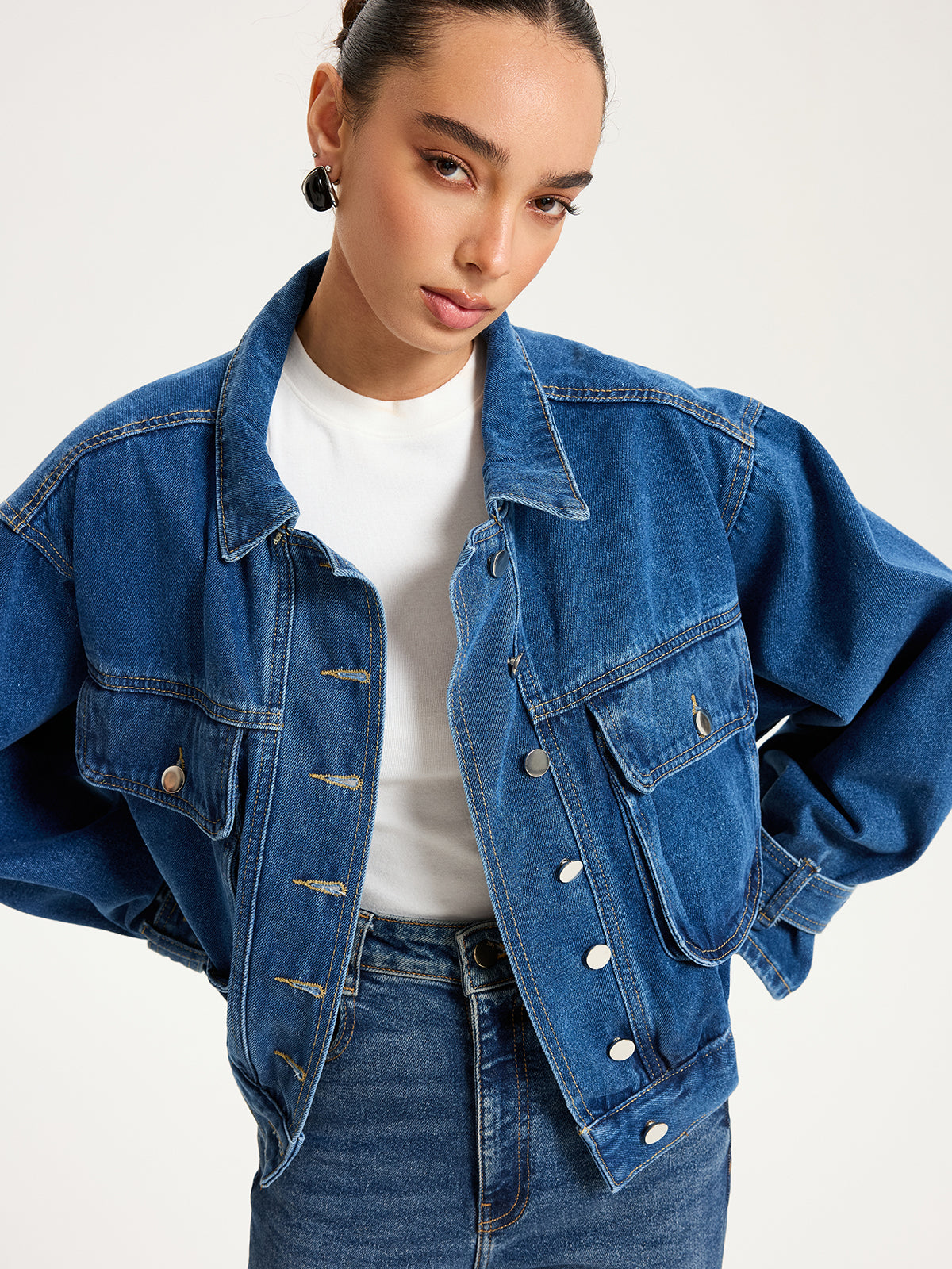 Collared Denim Cropped Jacket