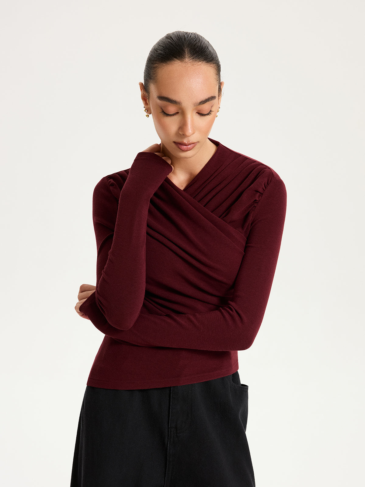 Cross Ruched Long Sleeve Top