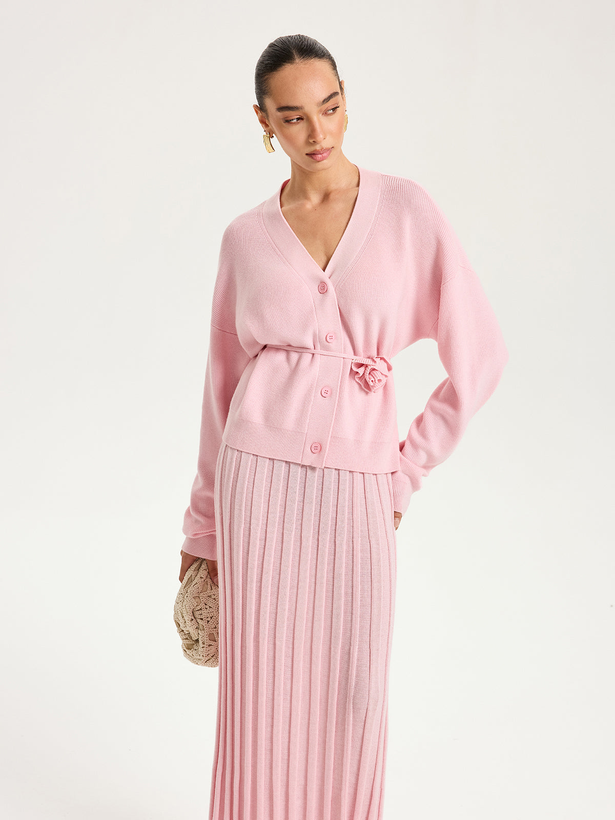 Knitted Belted Cardigan and Textured Maxi Skirt Set