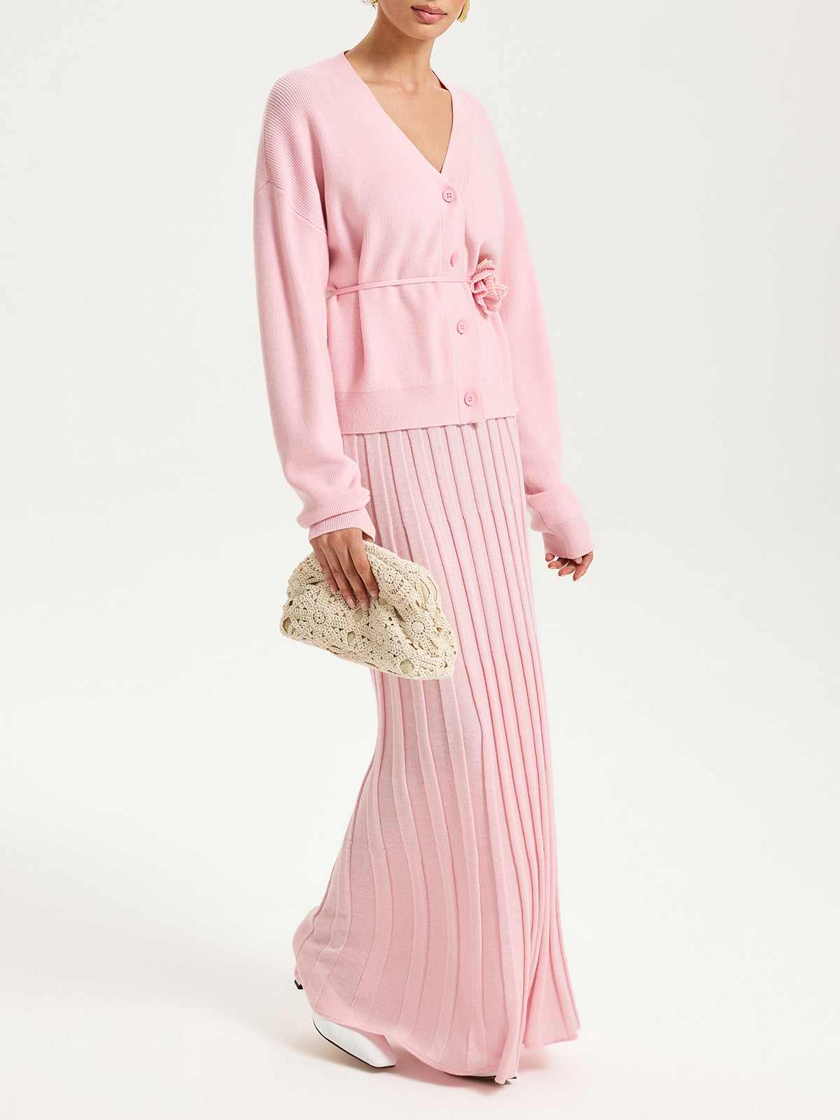 Ensemble cardigan ceinturé en tricot et jupe longue texturée