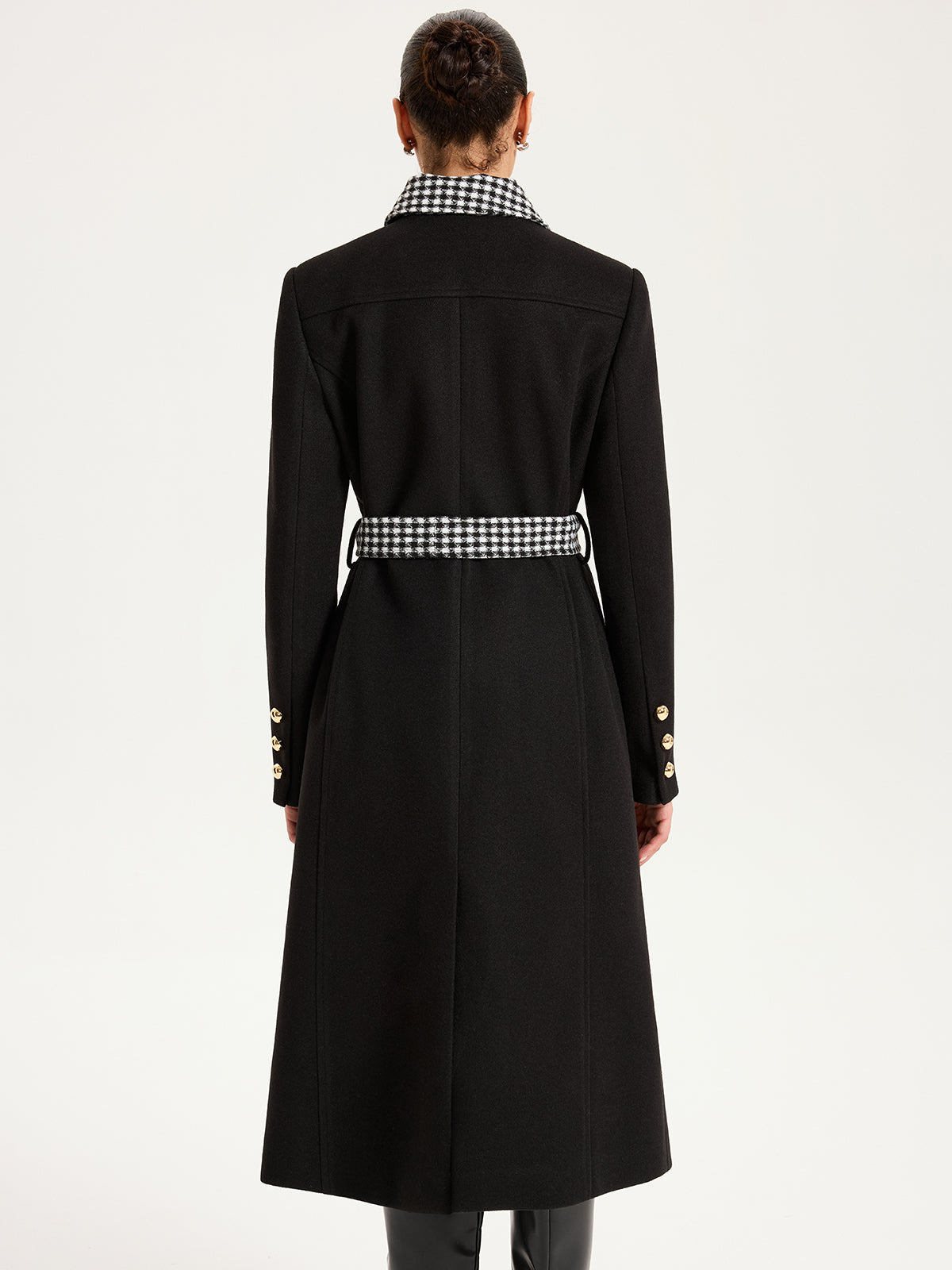 Belted Houndstooth Collar Long Coat
