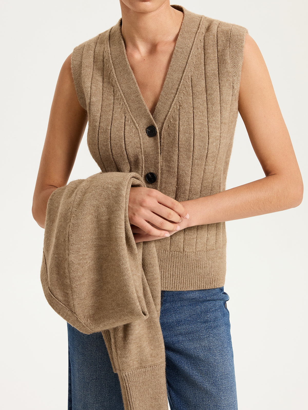 Zweiteiliges Set mit V-Ausschnitt Weste und Strickjacke