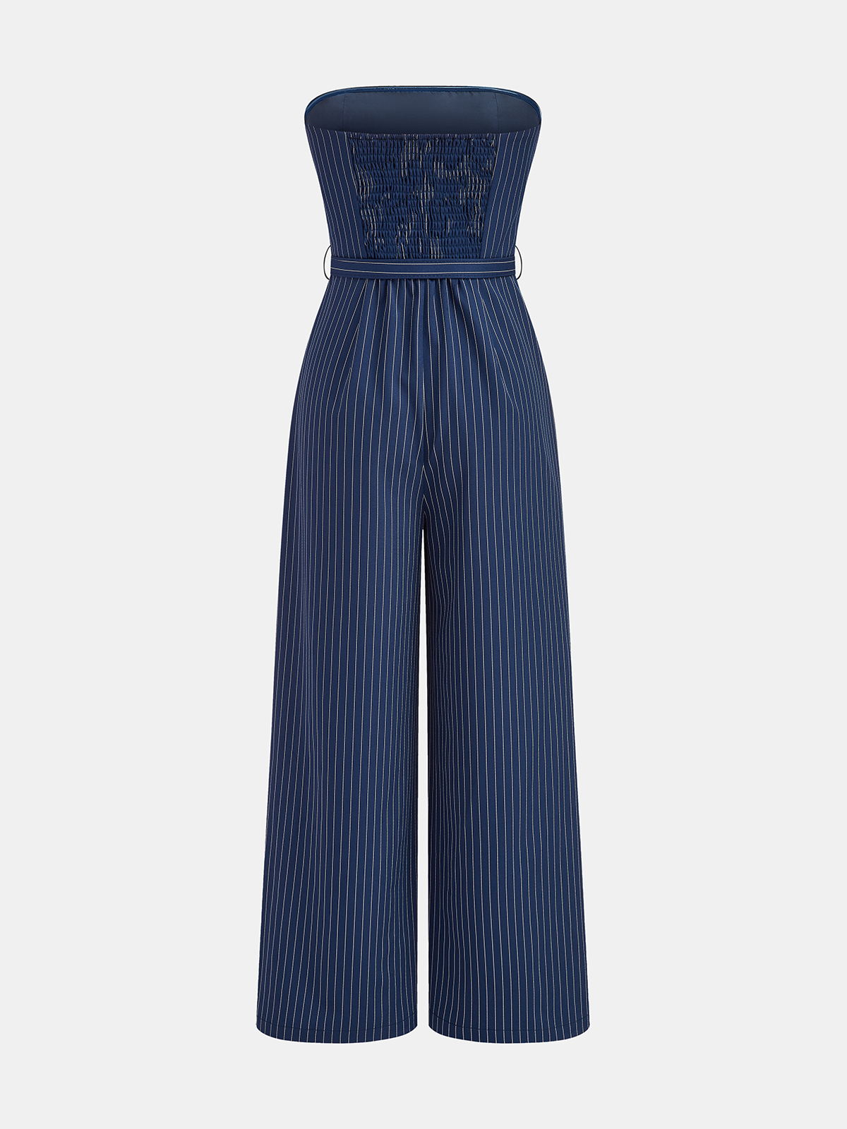 Transparent Strap Belted Pinstripe Jumpsuit