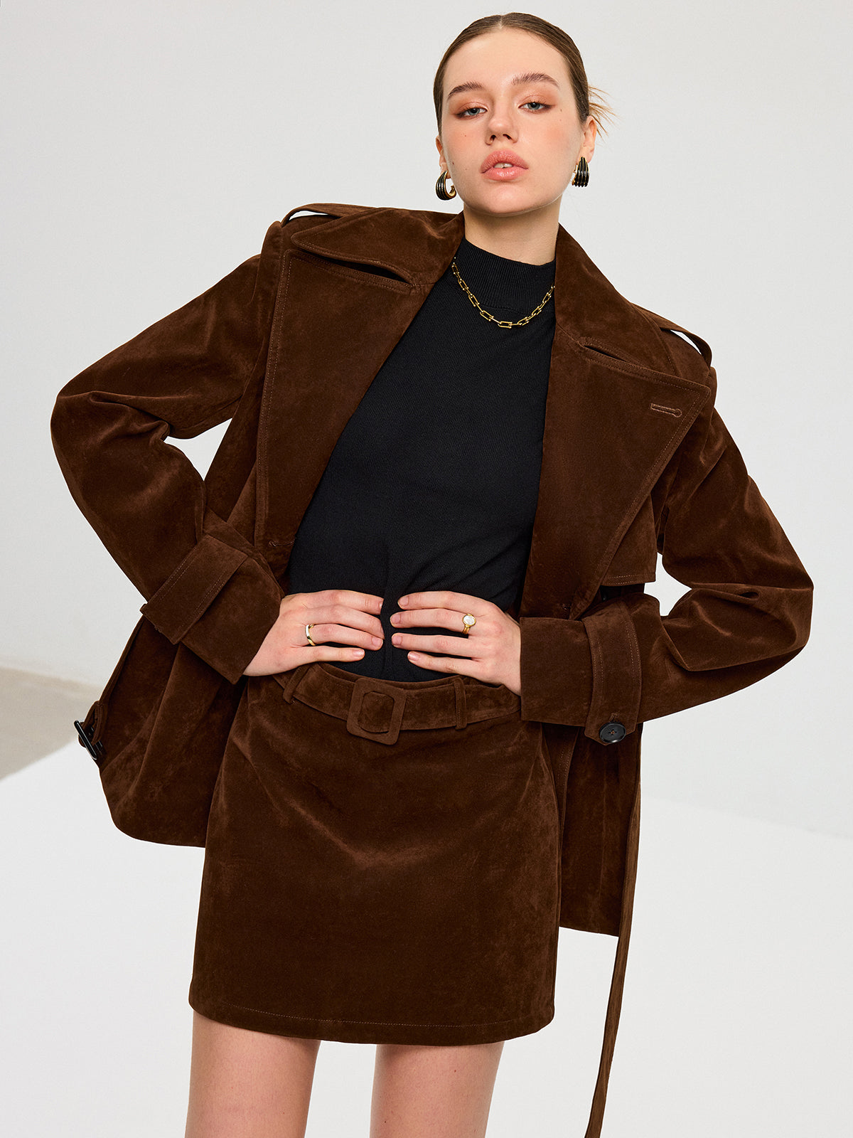 Belted Suede Effect Trench Coat