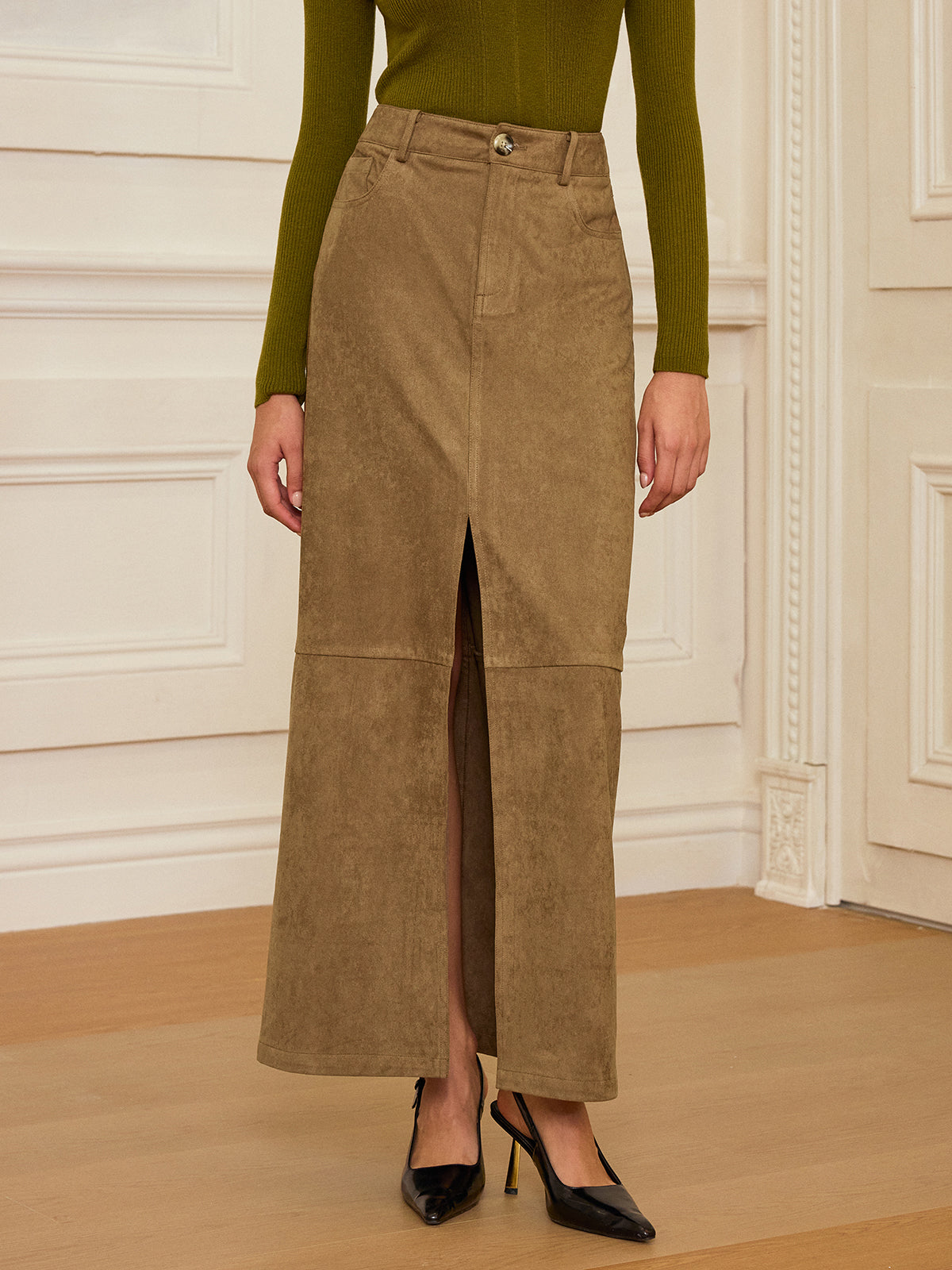 Maxirock in Wildlederoptik mit Schlitz vorne 