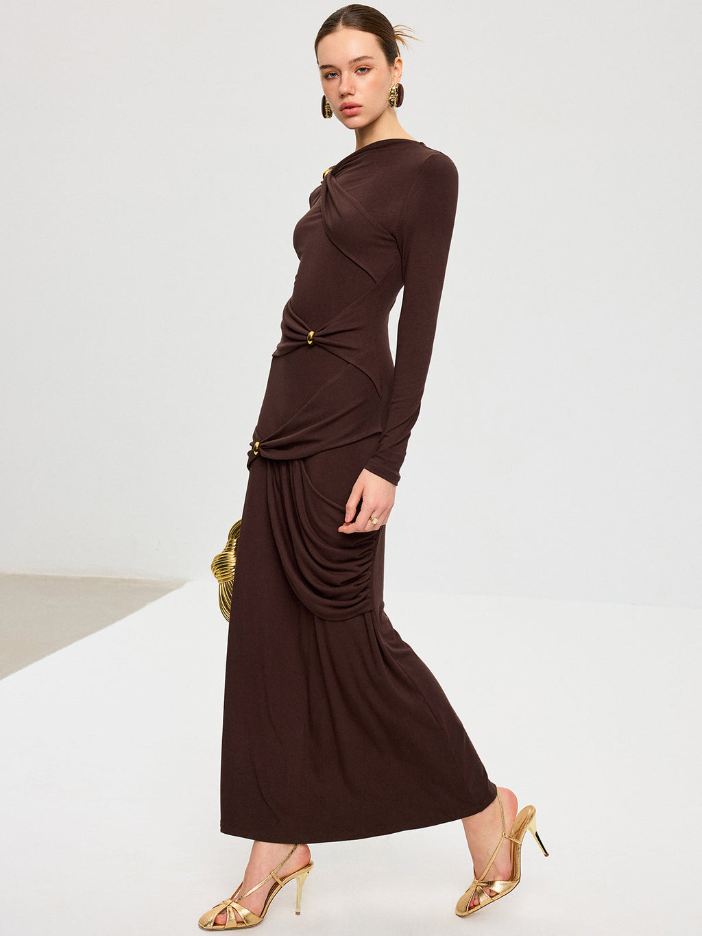 Metal Detail Long Sleeve Draped Maxi Dress