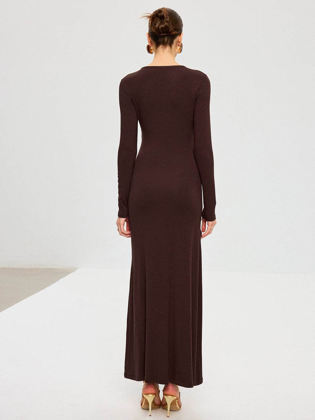 Metal Detail Long Sleeve Draped Maxi Dress