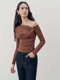 Off-Shoulder Fitted Ruched Long Sleeve Top