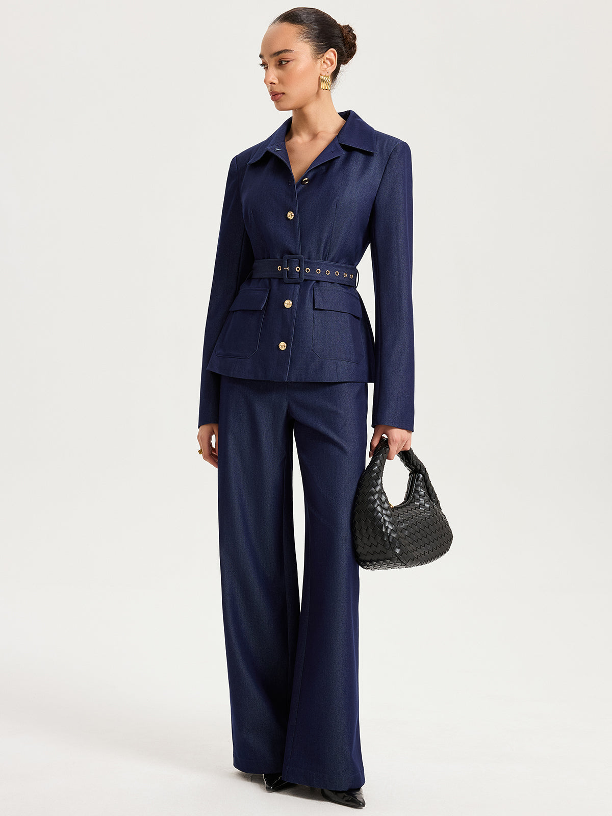 Pantalon en faux denim taille haute et jambes larges 